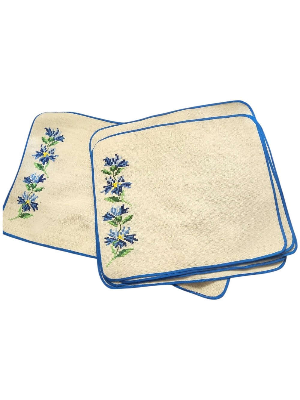 Vintage Handmade Cross-Stitch Floral Placemat Set 6 Plus Center Runner